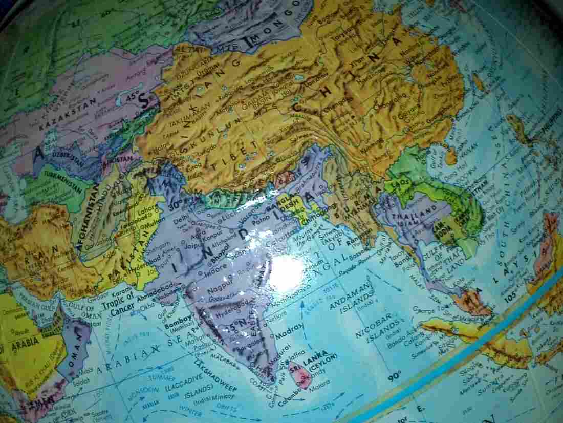 A globe, looking at China, India and the surrounding region.
