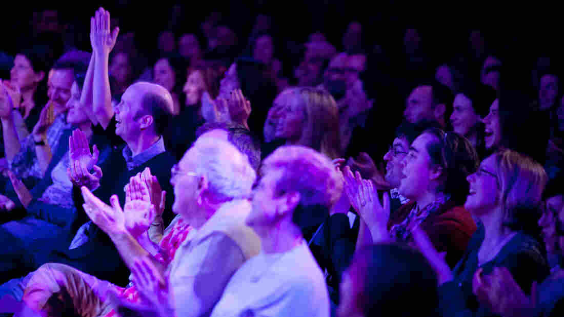 From the Bell House in Brooklyn, New York, the audience reacts to a gaffe from puzzlers puzzling on the Ask Me Another stage.