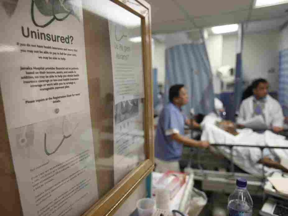 A bulletin board in New York's Jamaica Hospital offers advice for uninsured patients.