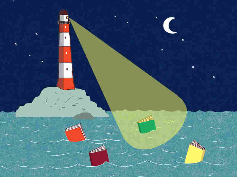 Illustration: A lighthouse casts its beam on a book in the water.