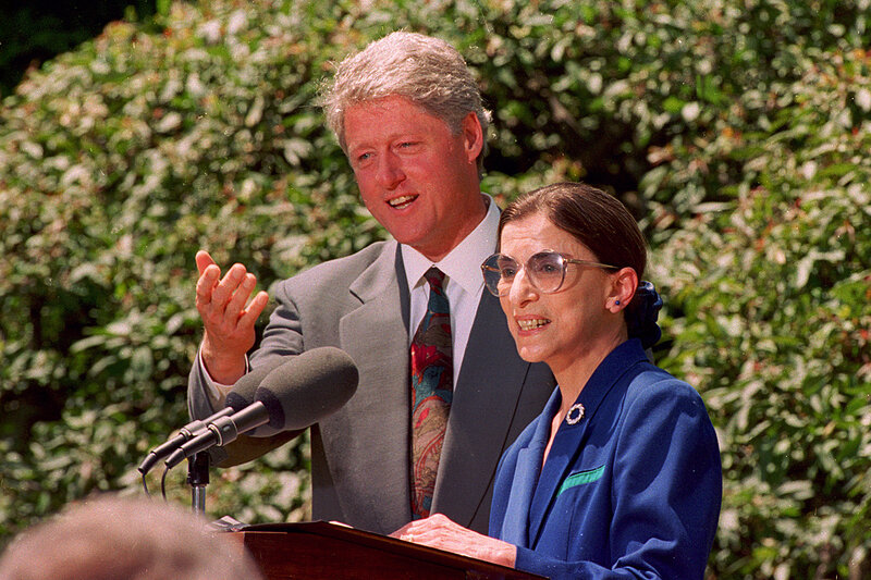 President Bill Clinton announces Ginsburg as his nominee to the Supreme Court during a news conference in Washington, D.C., in June 1993. Ginsburg replaced retired Justice Byron White and became the nation's second female justice.