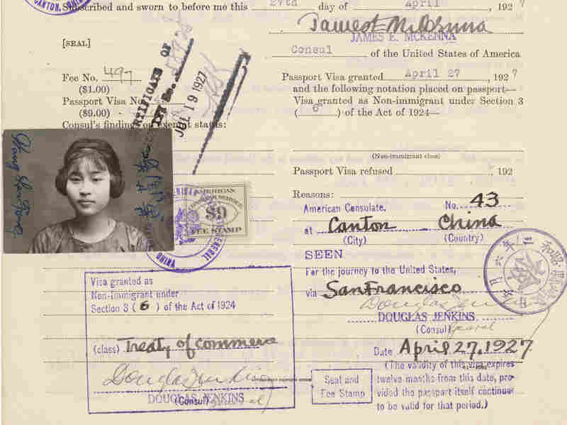 Wong Lan Fong only spent one to two nights at Angel Island at a time when most were detained for up to two weeks. This is Fong's "Declaration of Non-immigrant Alien about to Depart for the United States" document from April 27, 1927. 