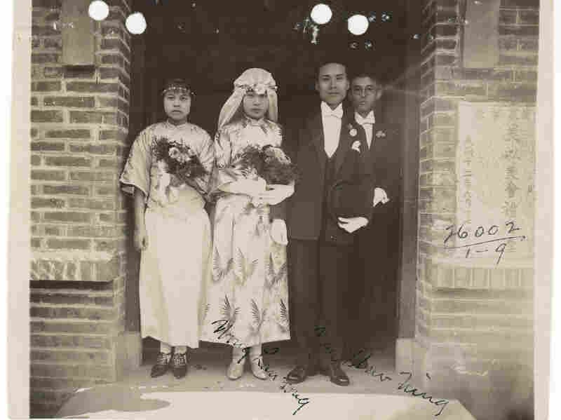 The wedding photograph of Wong Lan Fong and Yee Shew Ning, in front of the Mei Yi Mei Church, a Chinese Methodist Church, at the island of Honam, across the Pearl River from Canton (now Guangzhou) in 1926. 