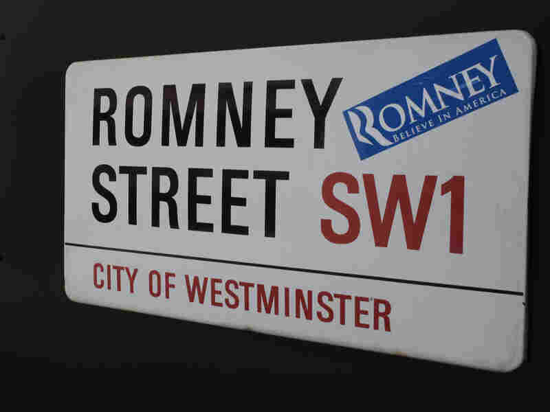 A campaign sticker for Republican presidential candidate Mitt Romney on a sign for Romney Street in London on Wednesday, as Romney arrived in the city ahead of the Olympic Games.