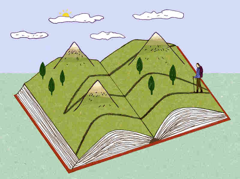 Illustration: A woman treks across a book landscape.