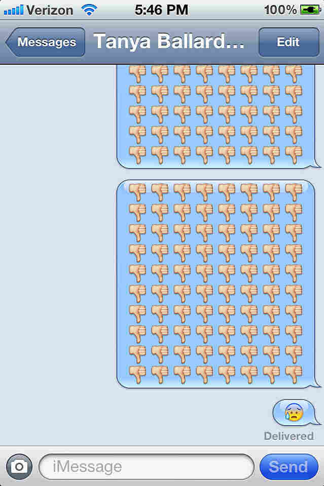 A screengrab of several thumbs down and a weeping smiley face.