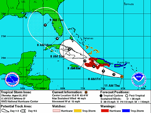 The projected track as of 11 a.m. ET today. The path has moved slightly to the west.