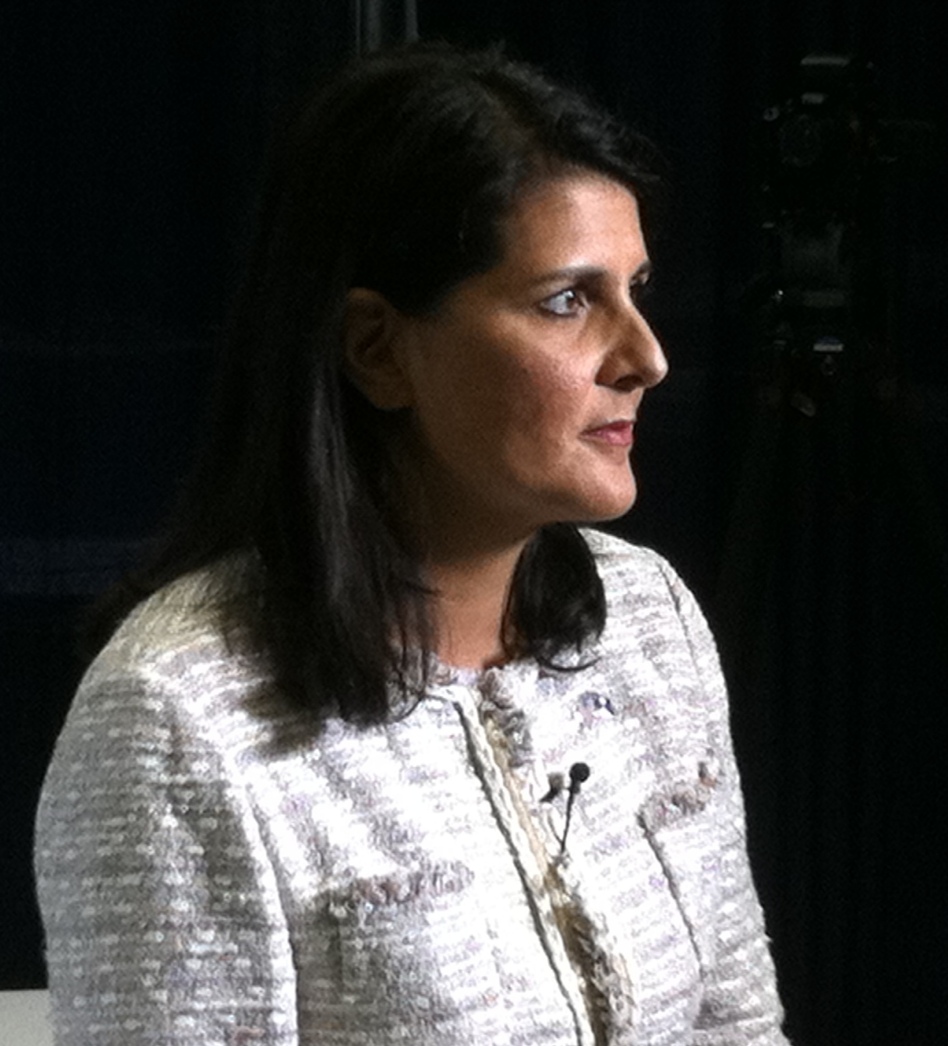South Carolina Gov. Nikki Haley (R) after her sit-down with <em>USA Today</em> and Gannett editors in Tampa this morning. (Mark Memmott/NPR)