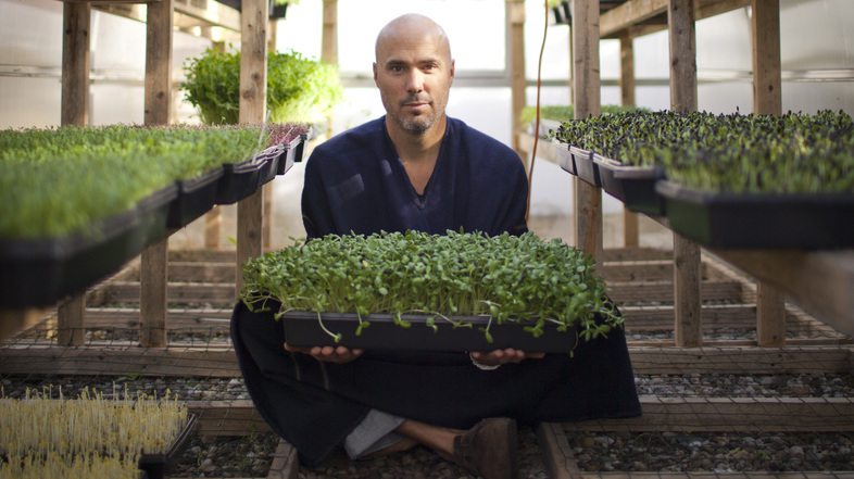 Brendan Davison grows 11 kinds of microgreens, including arugula and basil, at his Good Water Farms in East Hampton, N.Y. (Lindsay Morris)
