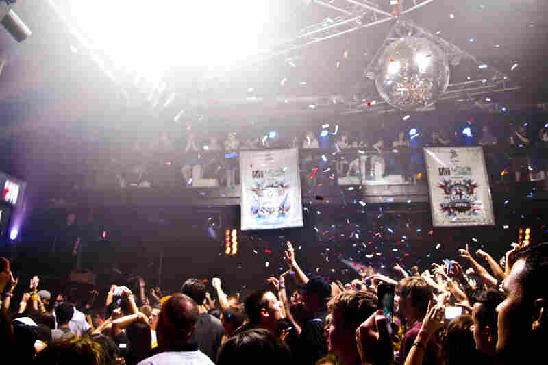 The dance floor and guests are covered in confetti at the Amphitheater nightclub in Tampa.
