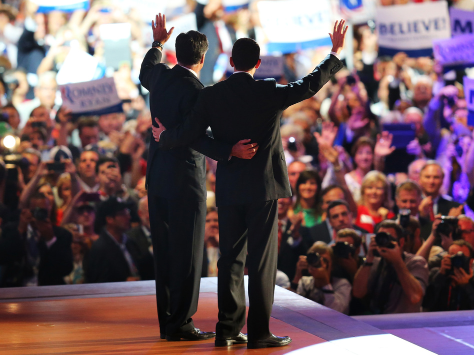 The Republican ticket: Mitt Romney (left) and Rep. Paul Ryan wave as the 2012 Republican National Convention winds up Thursday in Tampa, Fla. Romney accepted the party's presidential nomination. Ryan is his running mate. (Joe Raedle/Getty Images)
