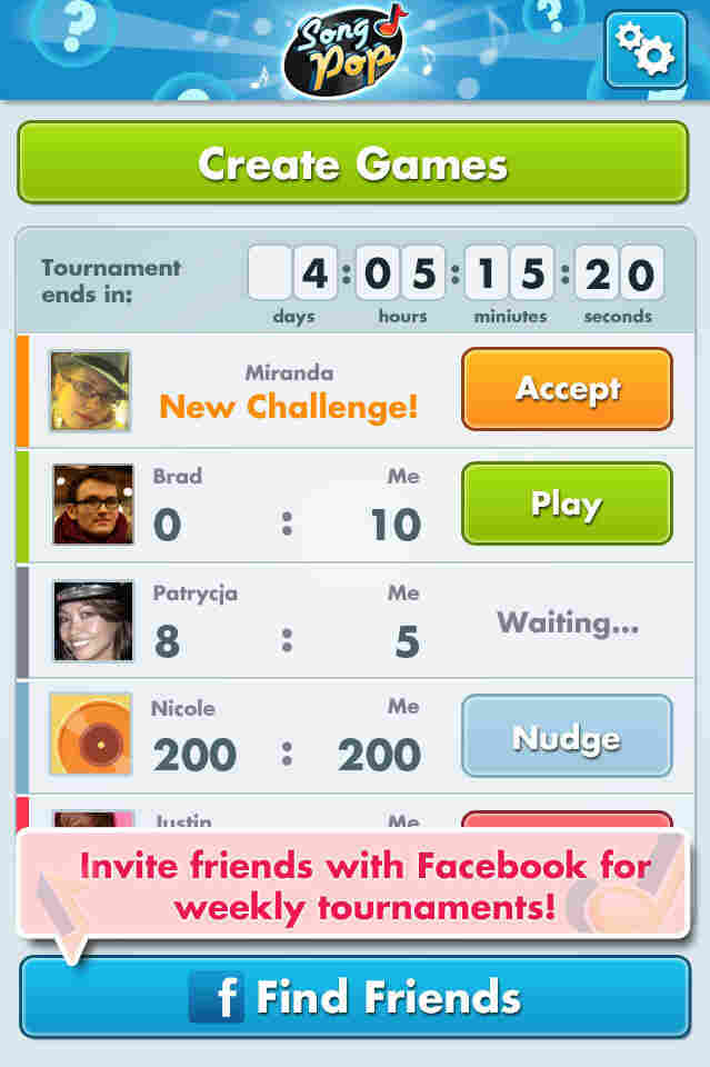 Screenshot showing players waiting to challenge you at SongPop.