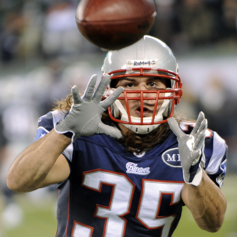 New England Patriots safety Ross Ventrone catches a pass before an an NFL game against the New York Jets and on Nov. 13, 2011, in East Rutherford, N.J. (Bill Kostroun/AP)