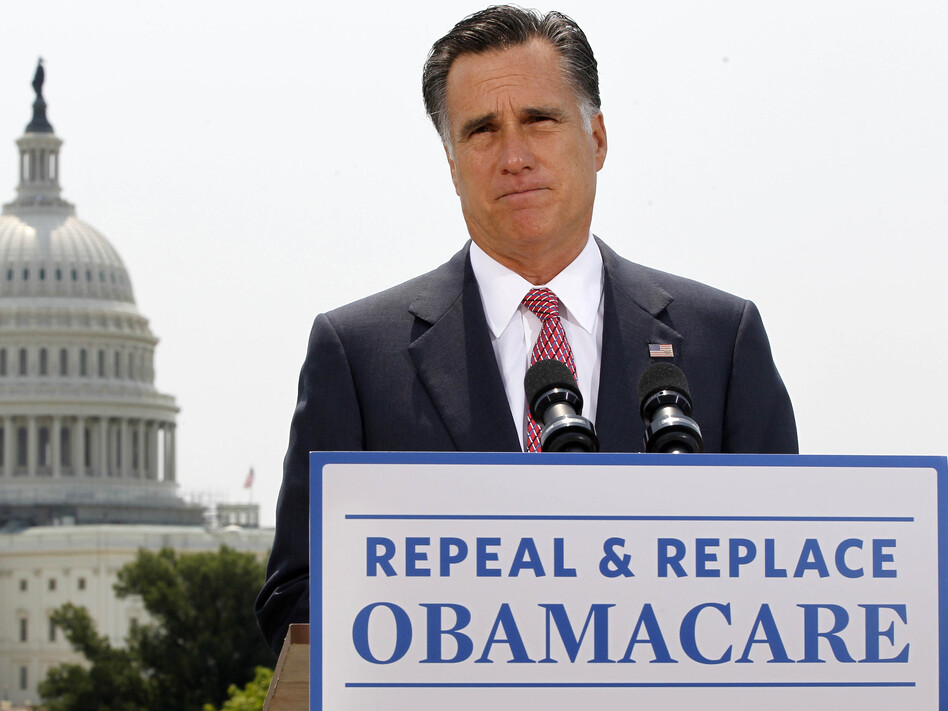 Republican presidential candidate Mitt Romney talks about the Supreme Court's health care ruling near the U.S. Capitol in Washington in late June. (Charles Dharapak/AP)