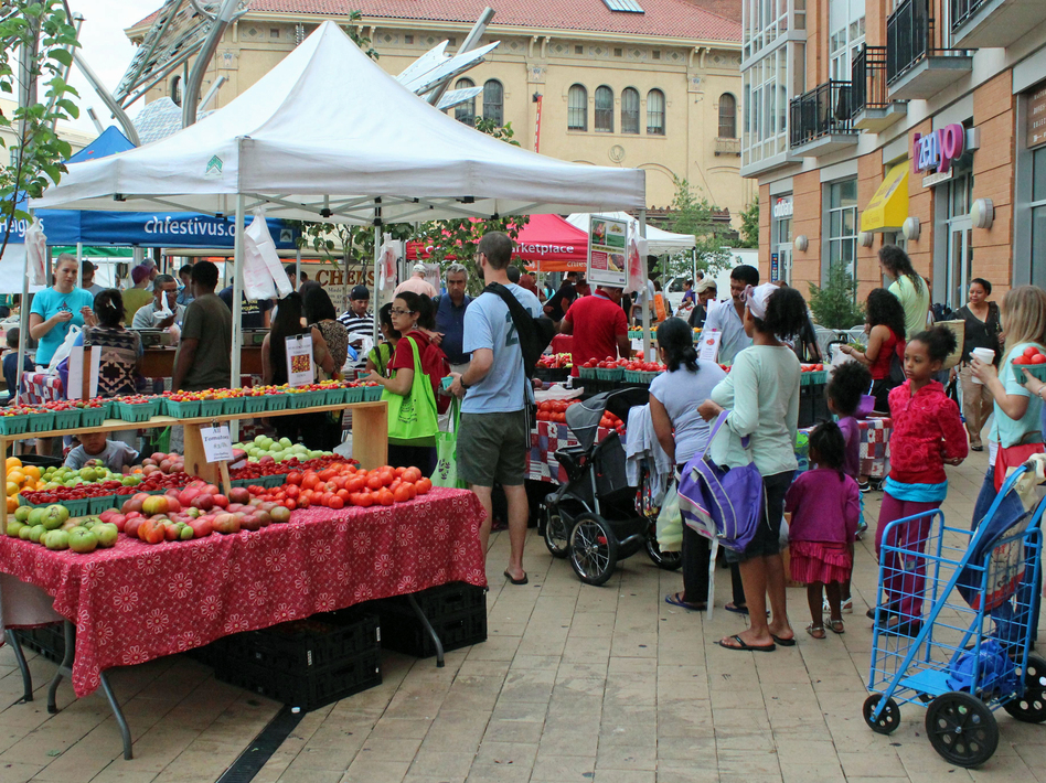 Customers line up for farmers market produce on a corner in Washington, D.C., where people eat more fruits and veggies than in many states. (Dan Charles/NPR)