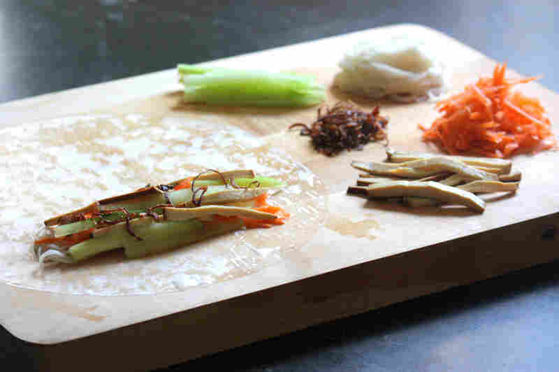 Ingredients for Vegetarian Summer Rolls, ready for rolling in rice paper