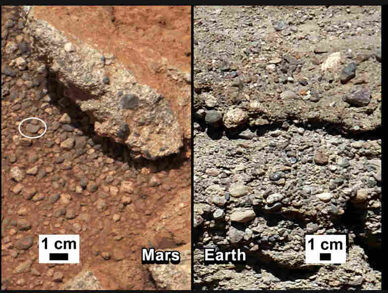 Curiosity, 2012: NASA says that water shaped the rocks on the left, in a photograph taken by the Mars rover Curiosity. For comparison, the agency released an image of rocks from the Earth (right).