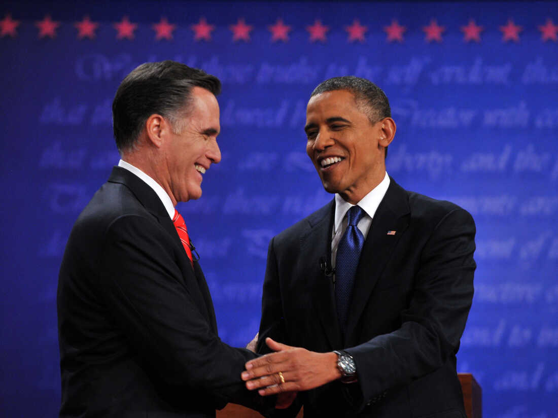 President Obama and Republican Mitt Romney shake hands following their first debate at the University of Denver on Oct. 3.