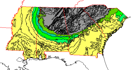 Cretaceous rock units (139-65 million years old) are shown in shades of green. Older rock units are in gray, younger ones in yellow.
