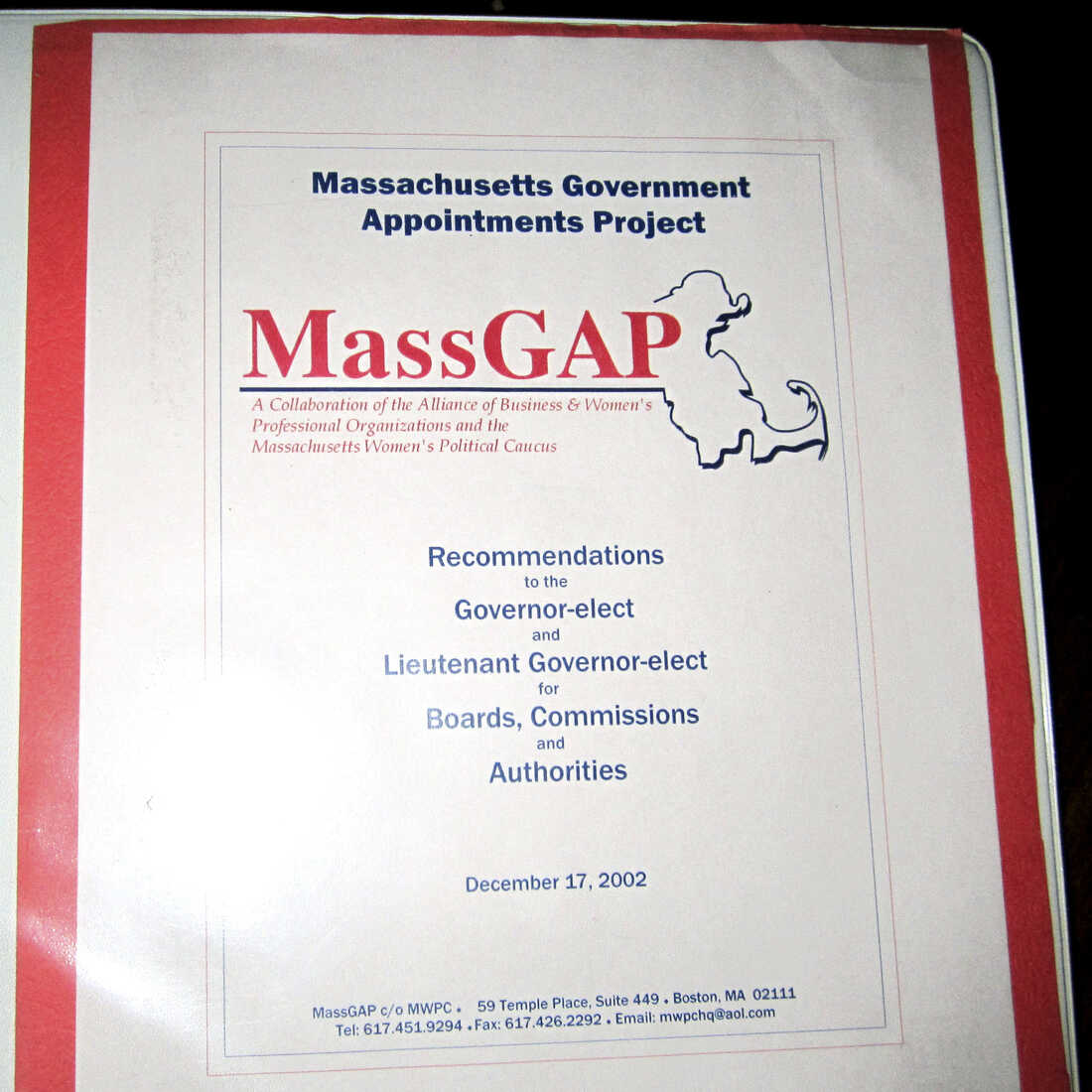 The cover of a binder produced in 2002 by the Massachusetts Government Appointments Project, listing names of potential female candidates for high-level positions in the state. The photo was released Wednesday by the Massachusetts Women's Political Caucus.