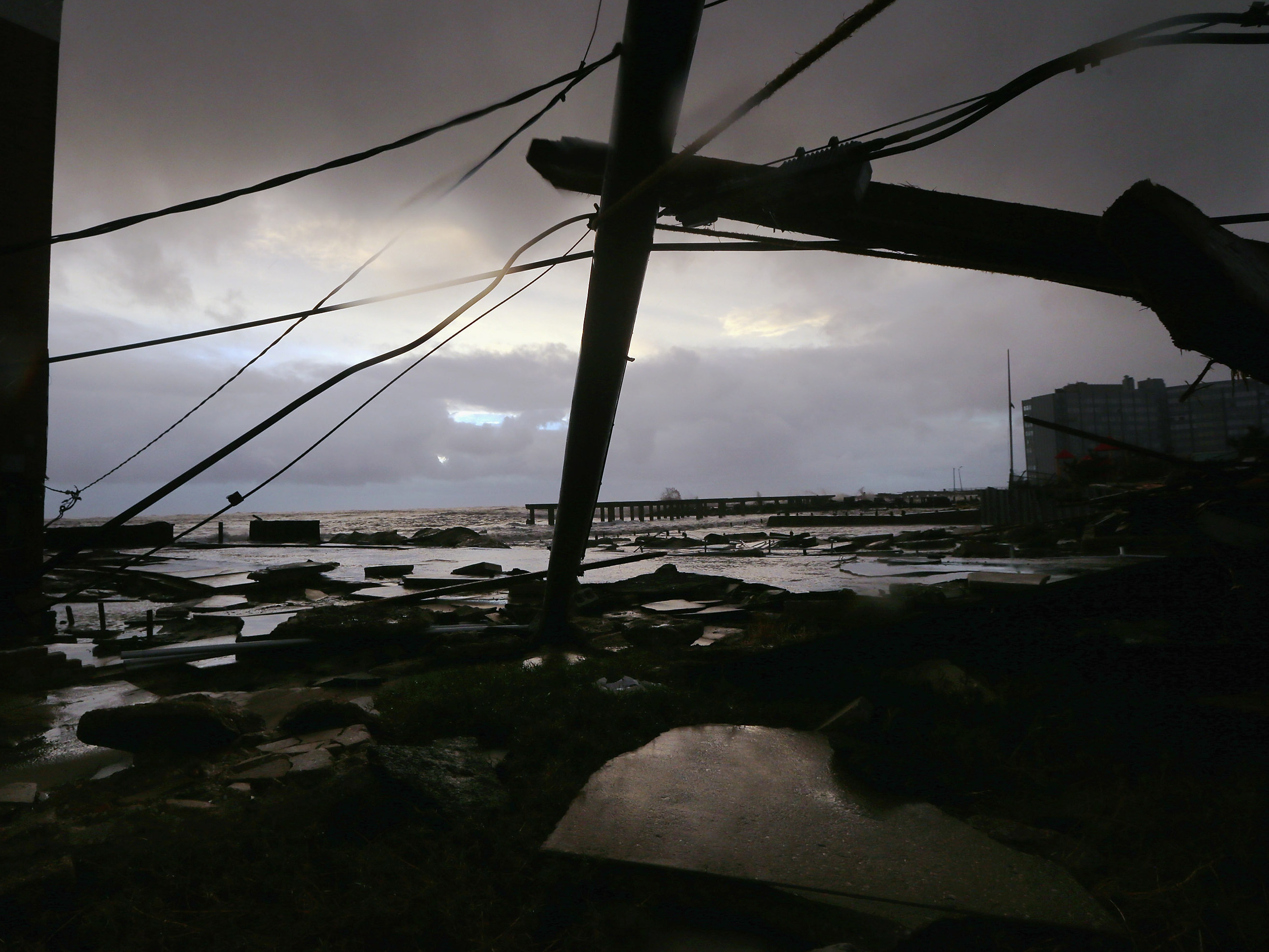Debris and sections of a destroyed boardwalk in Atlantic City, N.J., earlier today. (Getty Images)