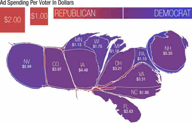 The United States, with state size based on political ad spending by outside groups on presidential race per voting age adult.