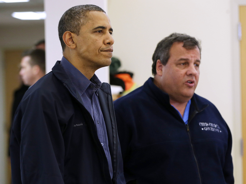 President Obama and New Jersey Gov. Chris Christie at the Brigantine Beach Community Center in Brigantine, N.J., where they met with local residents displaced by Sandy. (Pablo Martinez Monsivais/AP)