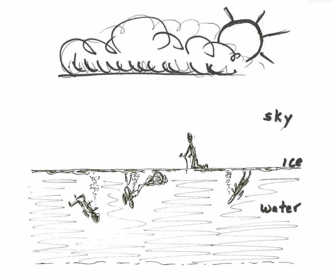 Drawing of divers underwater.