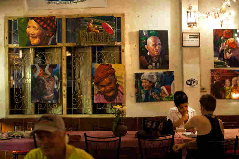 Paintings of Burmese street scenes decorate the walls of Aiya. Patrons who come for the Burmese and Thai food can also find portraits of Che Guevara and Aung San Suu Kyi, and bumper stickers declaring "Peace in Burma Now."