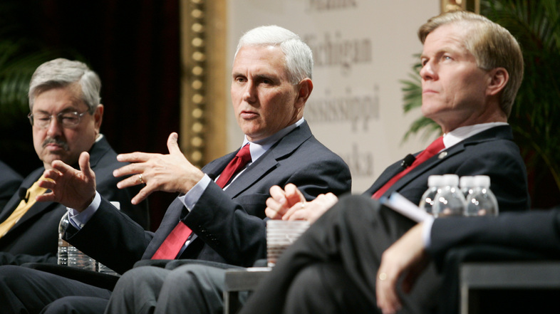 Iowa Gov. Terry Branstad (left), Indiana Gov.-Elect Mike Pence (center) and Virginia Gov. Bob McDonnell, chairman of the Republican Governors Association, participate in a panel discussion during the 2012 RGA Annual Conference on Thursday in Las Vegas. (Ronda Churchill/AP)