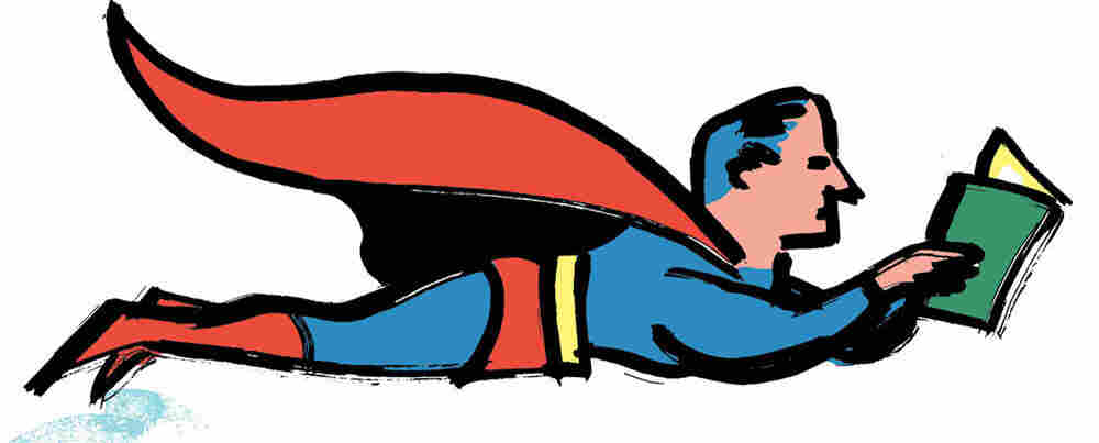 Illustration: a superhero flies while reading a book.