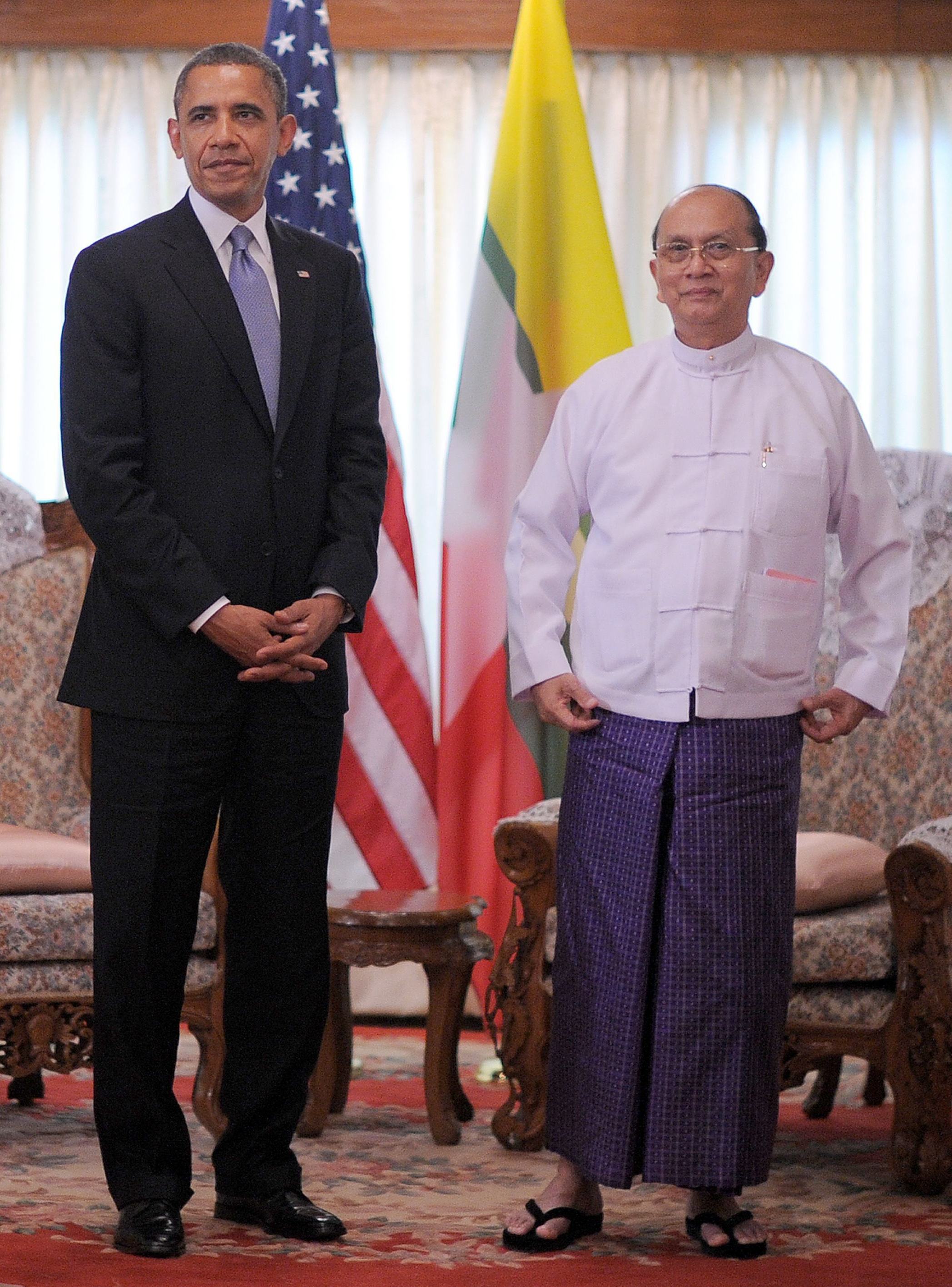 President Obama and President Thein Sein of Myanmar (also known as Burma) earlier today in Yangon. (AFP/Getty Images)