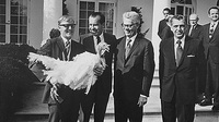 President Nixon pardons a turkey in 1969. There's quite a celebratory banquet scene in the John Adams opera, Nixon in China.