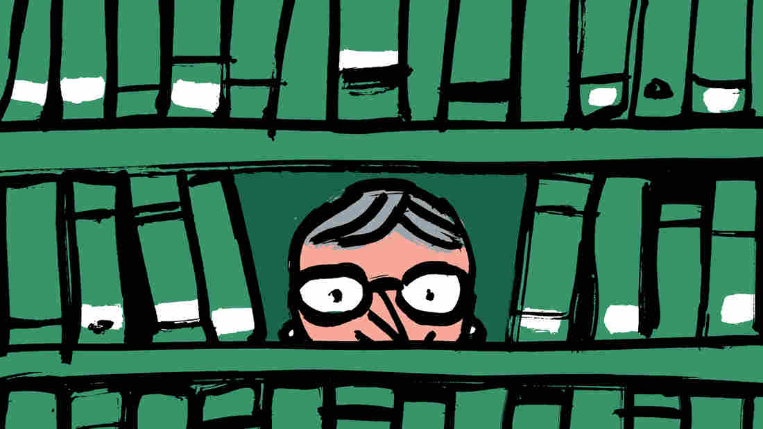 Illustration: Nancy Pearl peering through bookshelves.