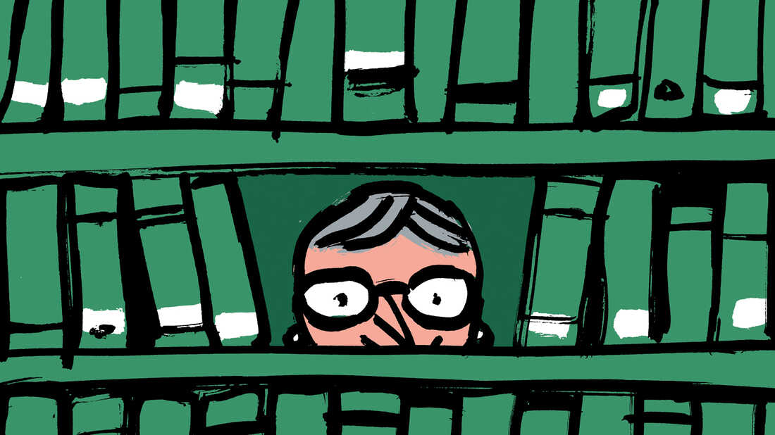Illustration: Nancy Pearl peering through bookshelves.