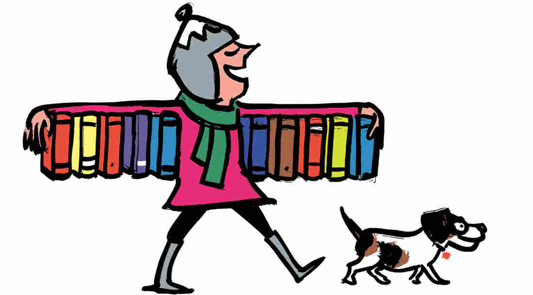Illustration: A woman walks down the street with an armful of books.