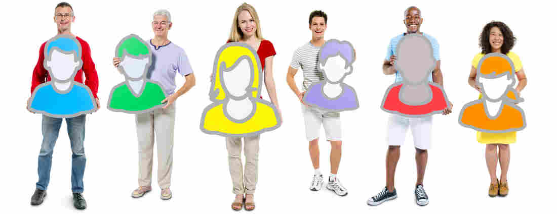 A group of people, each holding their own avatar.