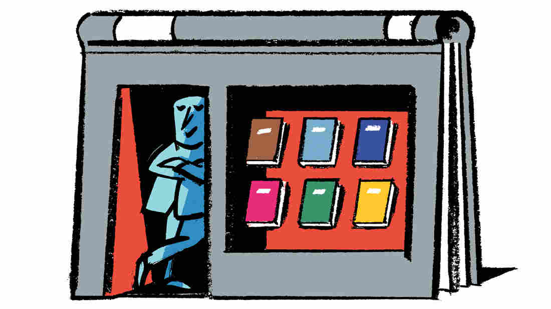 Illustration: A bookseller stands in the doorway of his shop.