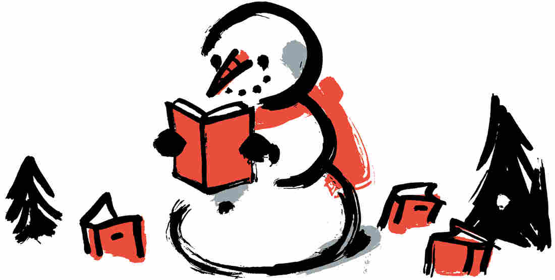 Illustration: A snowman reads a book.