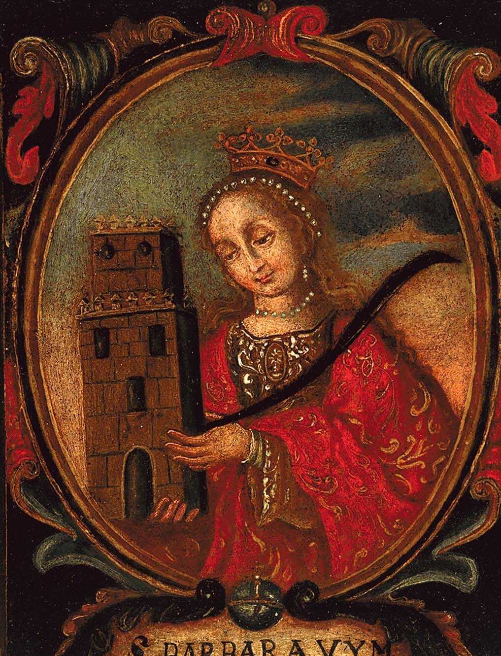 Saint Barbara is represented here with her symbols: a crown, a palm of martyrs, and the tower with three windows where she was incarcerated before being beheaded at her father's order. (Oil on wood panel, Teodoro Vidal Collection)