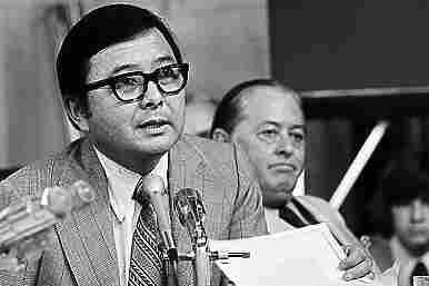 Inouye and Sen. John M. Montoya, D-N.M., are shown during the Watergate Senate hearings on Capitol Hill, Aug. 2, 1973.