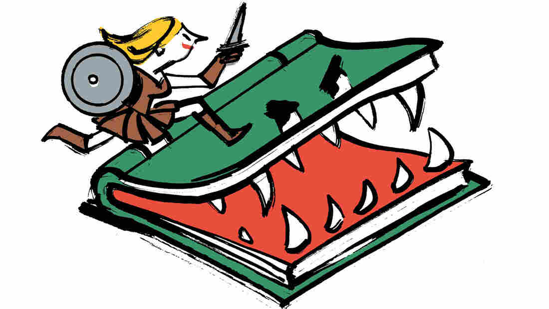 Illustration: A woman with a sword and a shield battles a ferocious book.