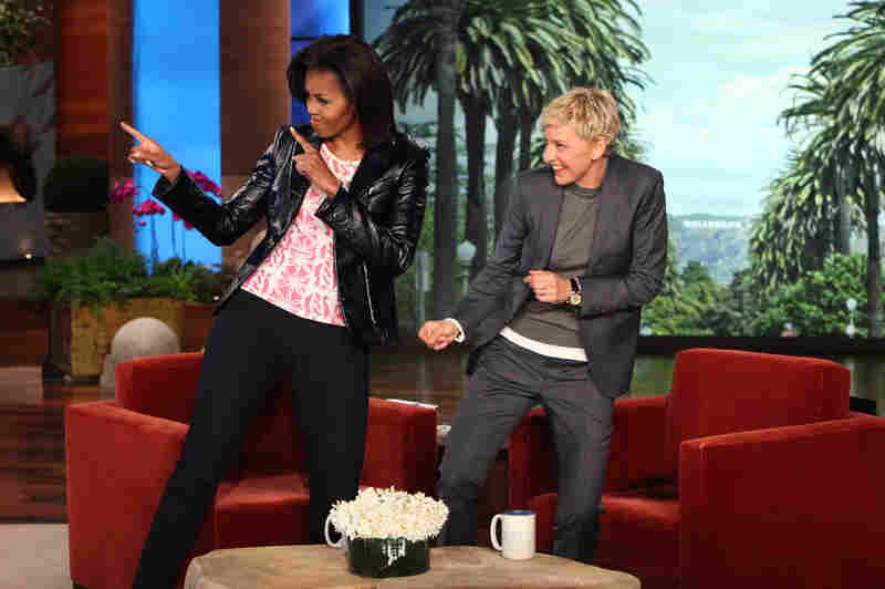 Hanging with celebrities: Talk show host Ellen DeGeneres and Michelle dance during a taping of The Ellen DeGeneres Show on Feb. 1, 2012, in Burbank, Calif.