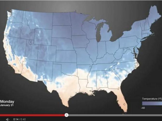 An image from the animated look at how cold air has spread over the nation. (NOAAVisualizations)