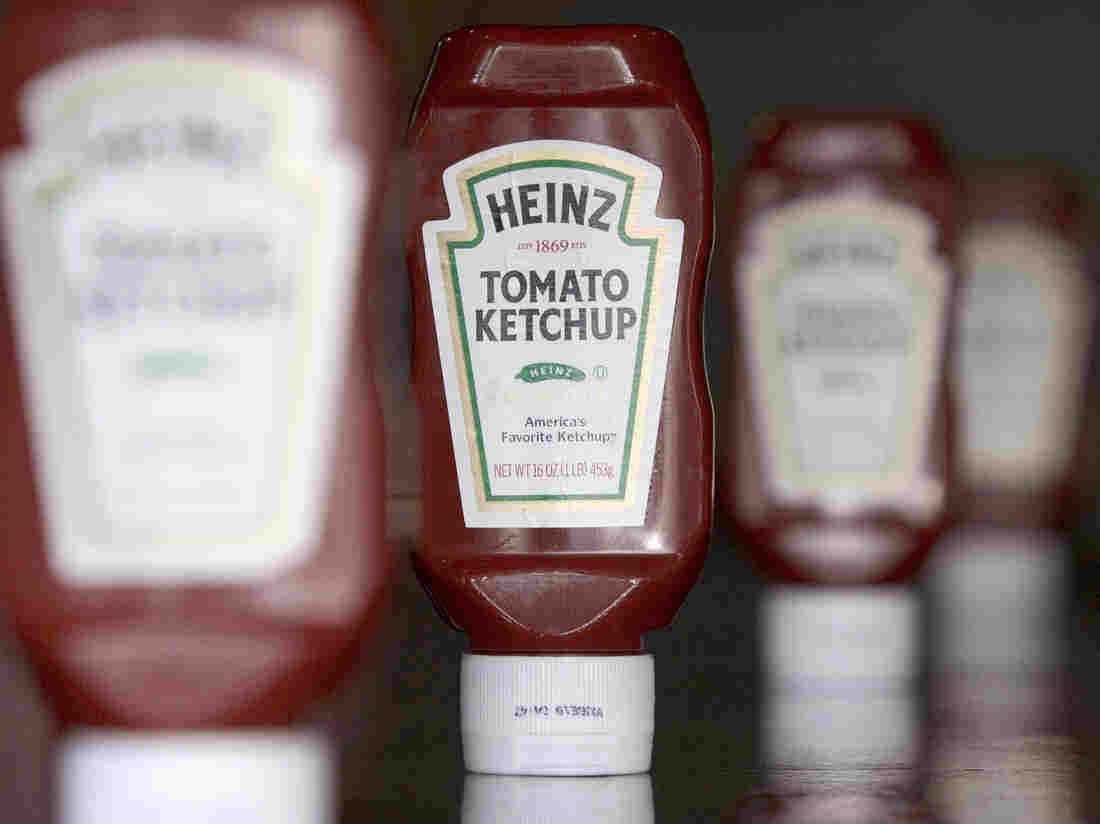 Bottles of Heinz ketchup.