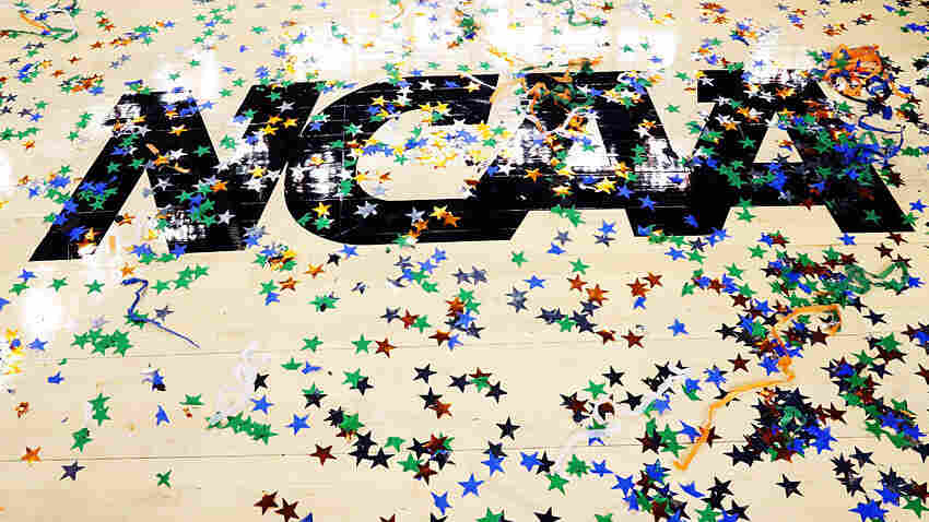 Confetti is seen on the NCAA logo after the Kentucky Wildcats defeat the Kansas Jayhawks 67-59 in the championship game of the 2012 NCAA Division I Men's Basketball Tournament at the Mercedes-Benz Superdome on April 2, 2012, in New Orleans.