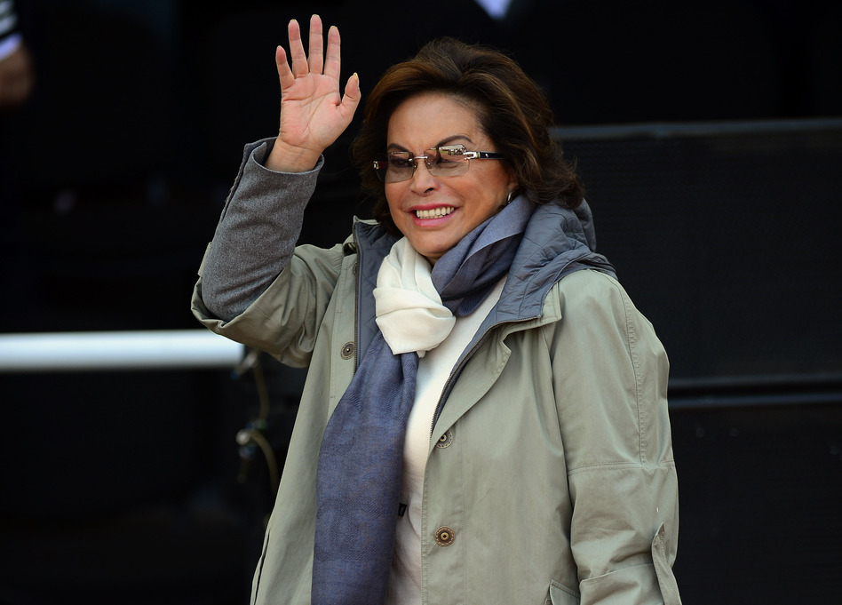 Elba Esther Gordillo waves during the ceremony of the National Police Day in Mexico City, on June 2, 2012. (Alfredo Estrella /AFP/Getty Images)