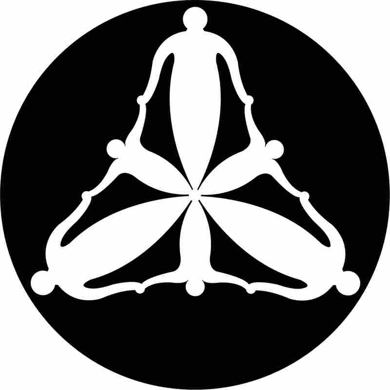 A black-and-white graphic showing people holding hands in a pattern that looks like a budding flower.