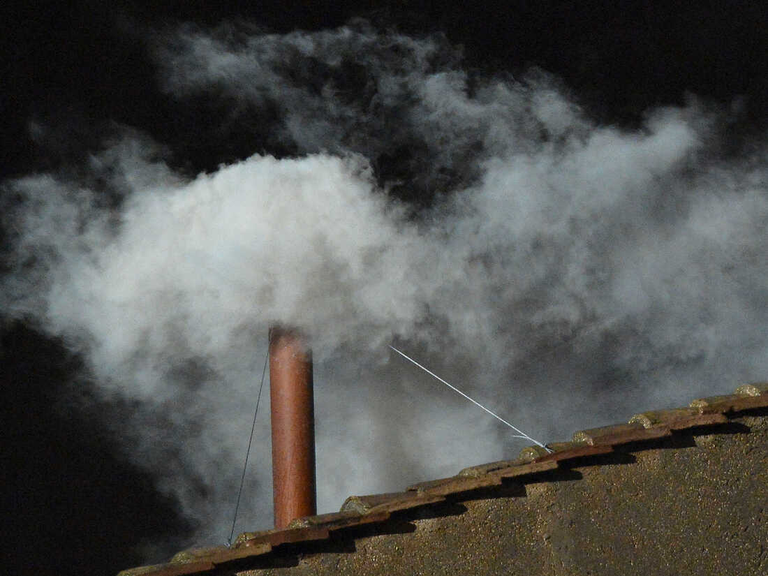 White smoke rises from the chimney on the roof of the Sistine Chapel meaning that cardinals elected a new pope.