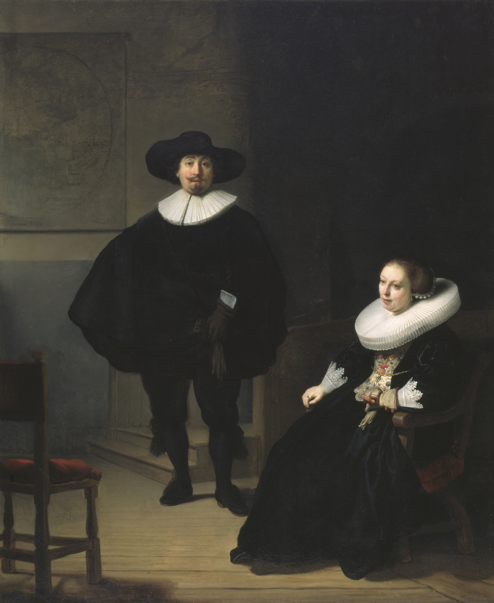 Rembrandt, A Lady and Gentleman in Black, 1633. Oil on canvas, 131.6 x 109 cm. Inscribed at the foot: Rembrandt.ft: 1633. This monumental work hung in a prominent spot in the Dutch Room, visible through its windows overlooking the court. Rembrandt completed this work in his second year in Amsterdam in 1632. (FBI)